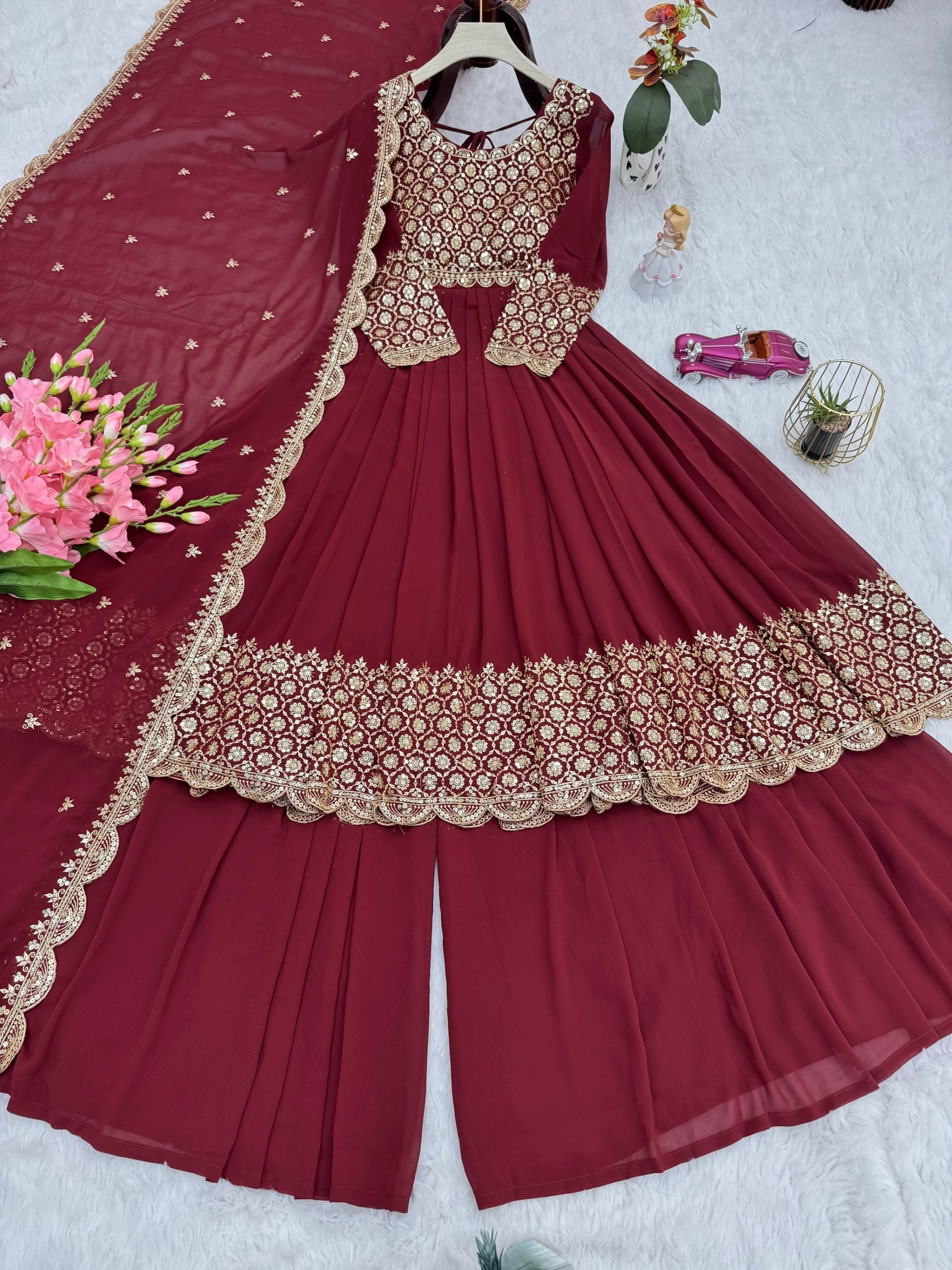 Lorenvalley Fashion Maroon Faux Georgette Embroidery & Sequins Work Anarkali Gown Sharara with Dupatta 