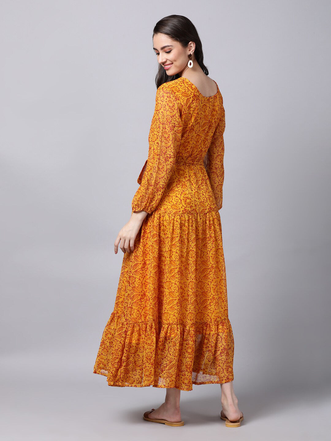 Souchii Yellow Floral Layered Chiffon Maxi Dress 