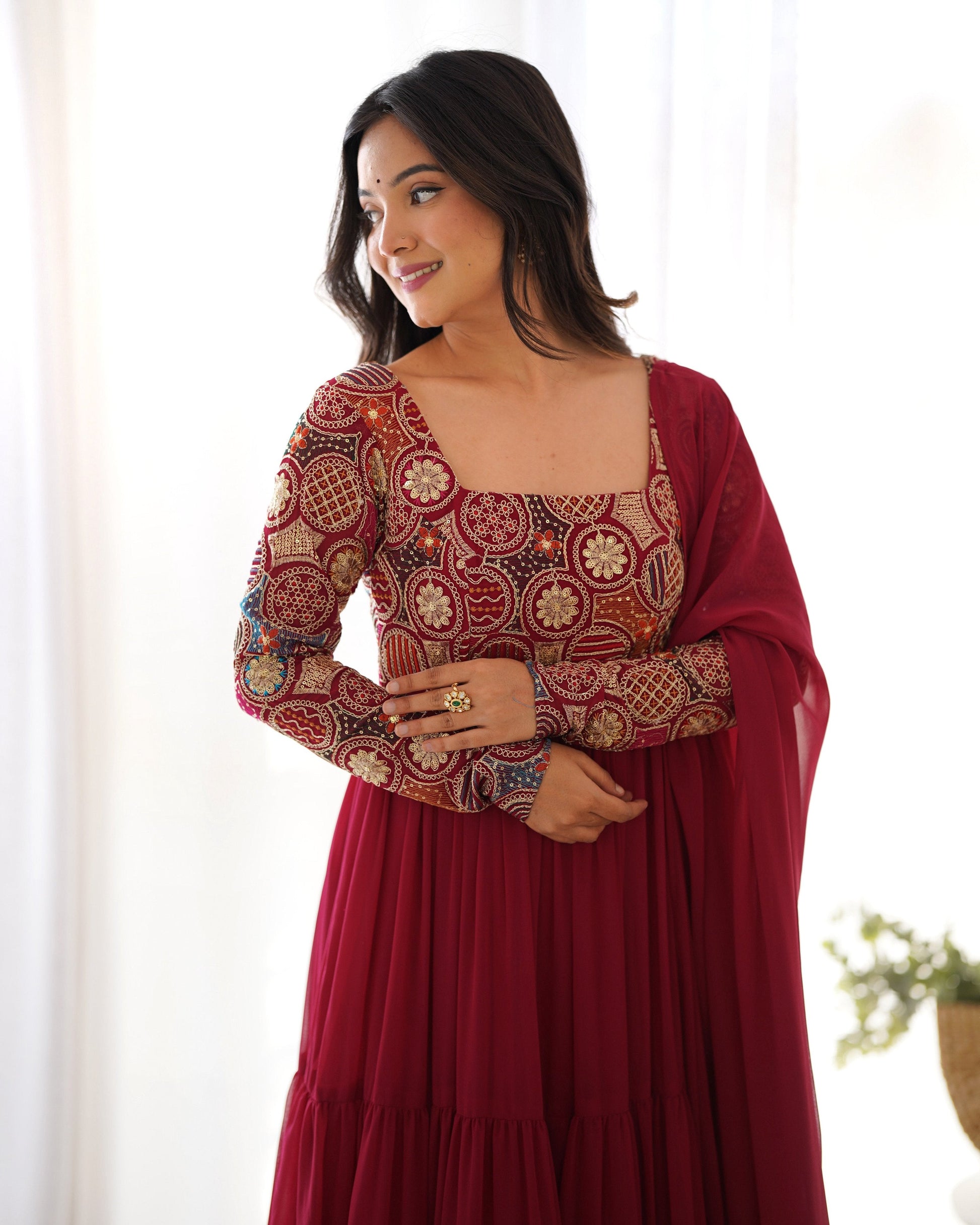 Evanik Women Maroon Festive Wear Embroidered Anarkali Kurta with Dupatta