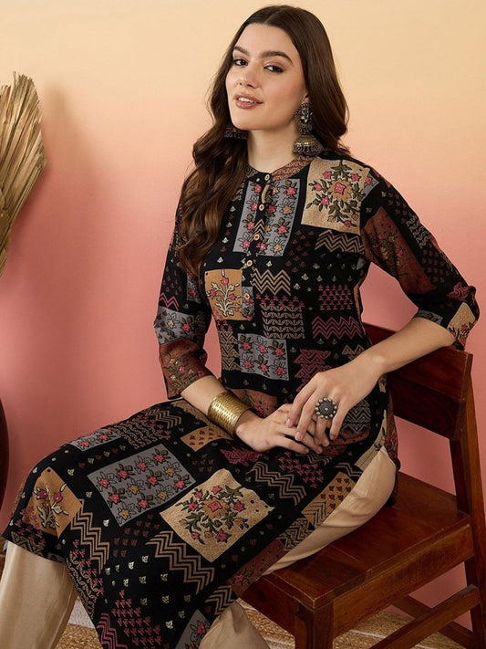 Anouk Ethnic Motifs Printed Beads And Stones Mandarin Collar A-Line Kurta | Grab2Buy