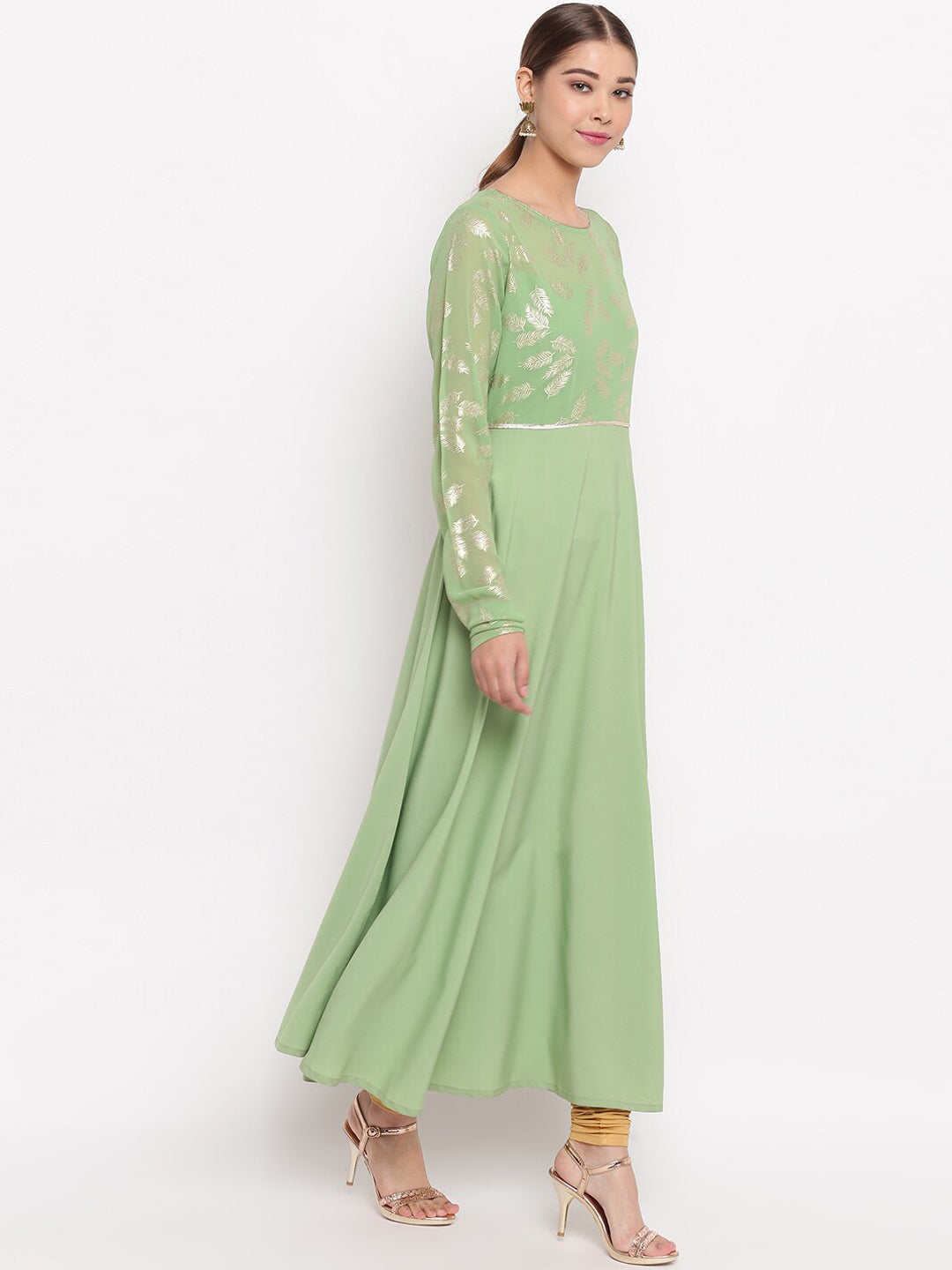Janasya Women Green Printed Anarkali Kurta