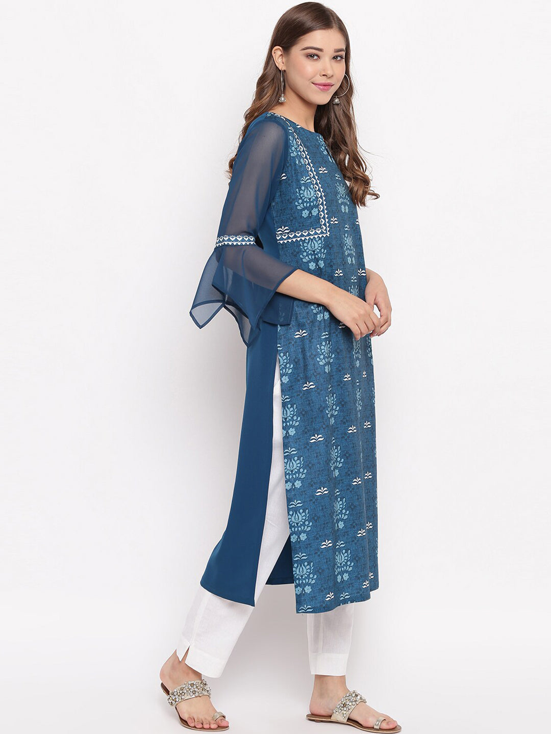 Janasya Women Blue Floral Printed Straight Kurta