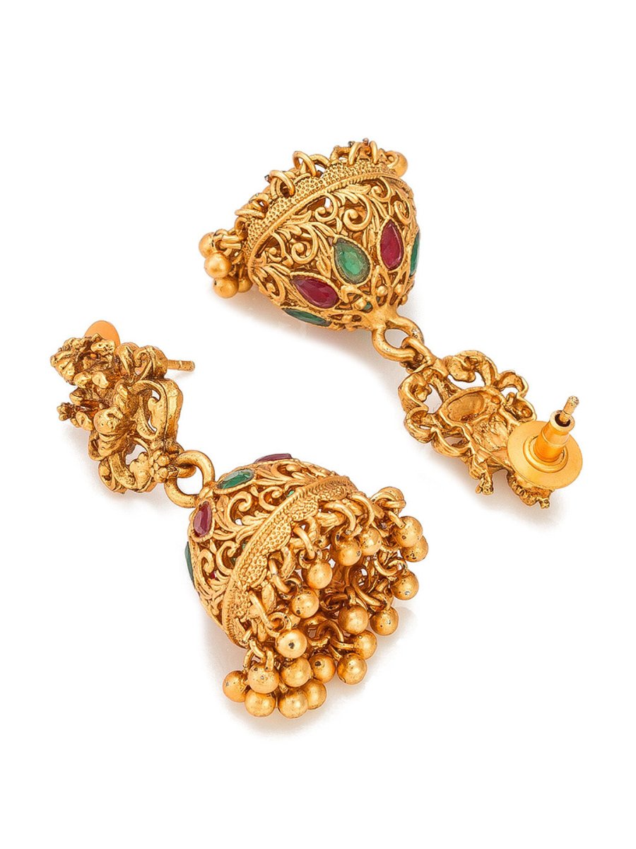 Aadita Gold-Toned Red & Green Stone-Studded Temple Jewelry Set - Grab2buy