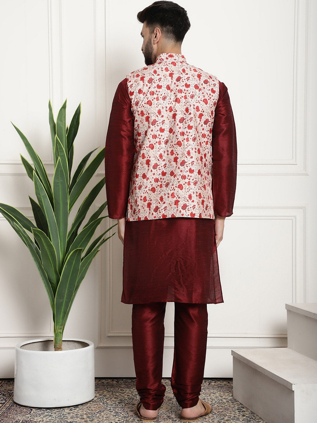 Sojanya Men Maroon & Beige Solid Kurta with Churidar & Printed Nehru Jacket 