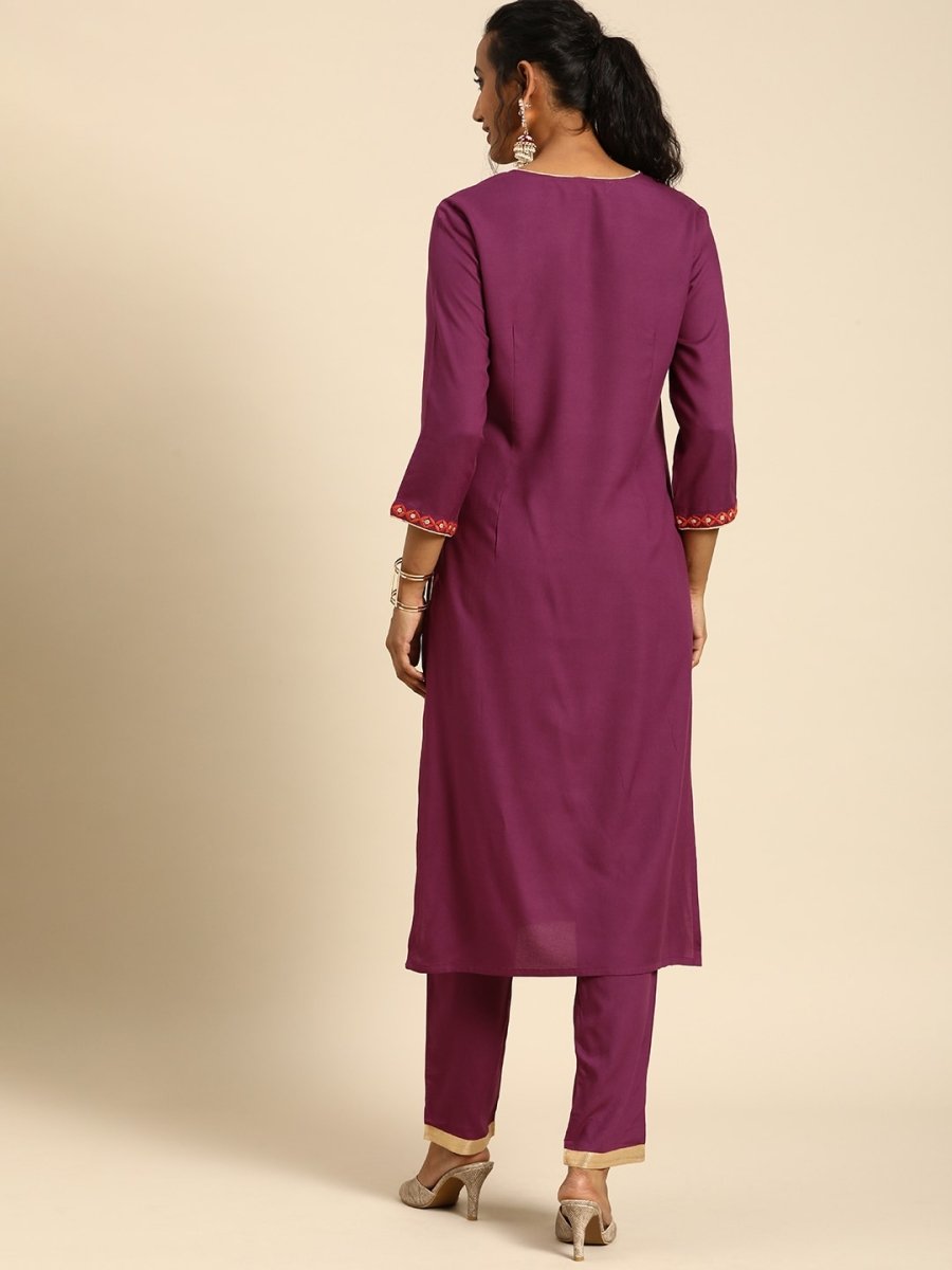 All About You Women Purple Ethnic Motifs Yoke Design Regular Thread Work Kurta with Trousers