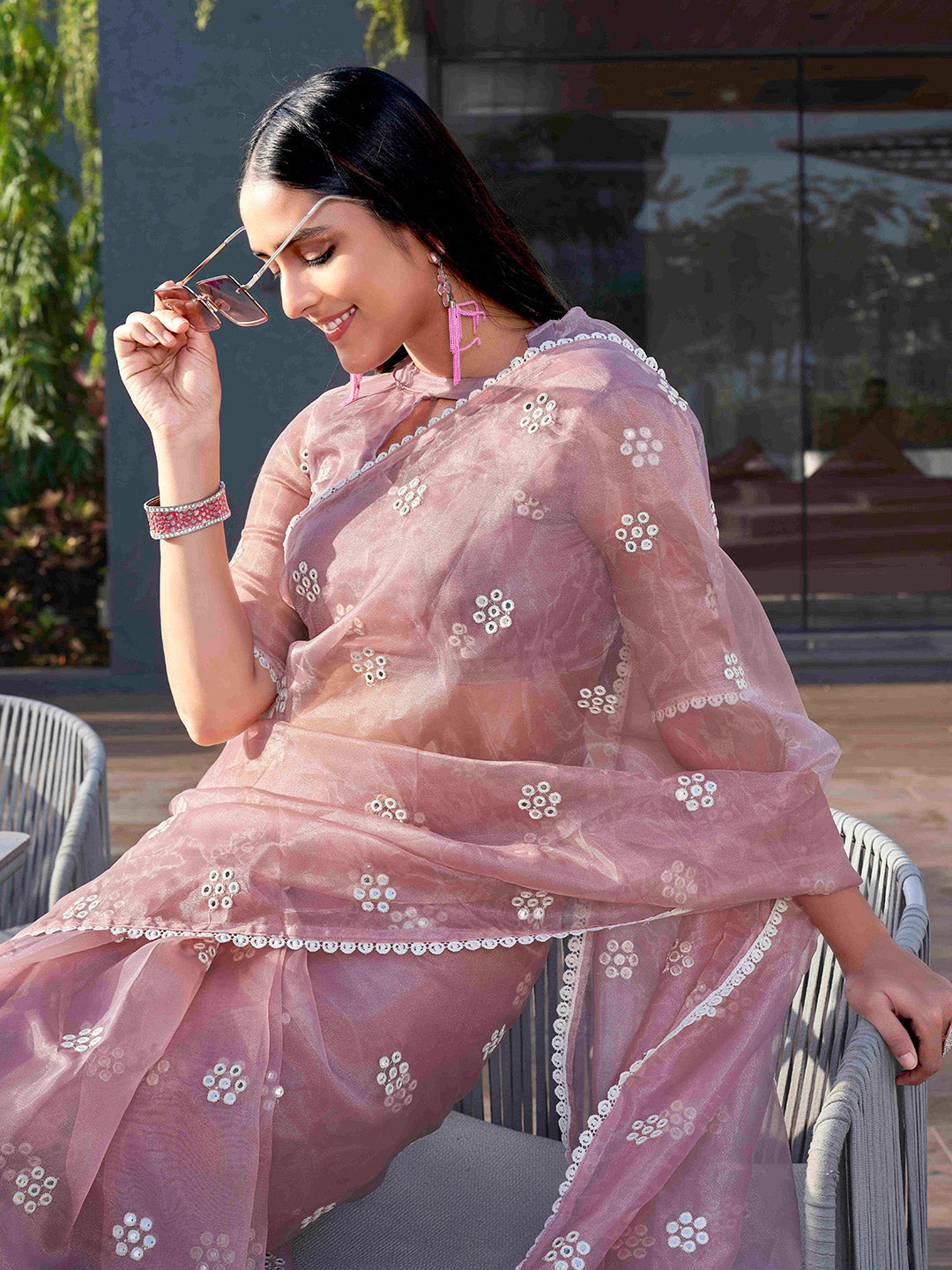 Tikhi Imli Pink Floral Embroidered Mirror Work Organza Grab2Buy 
