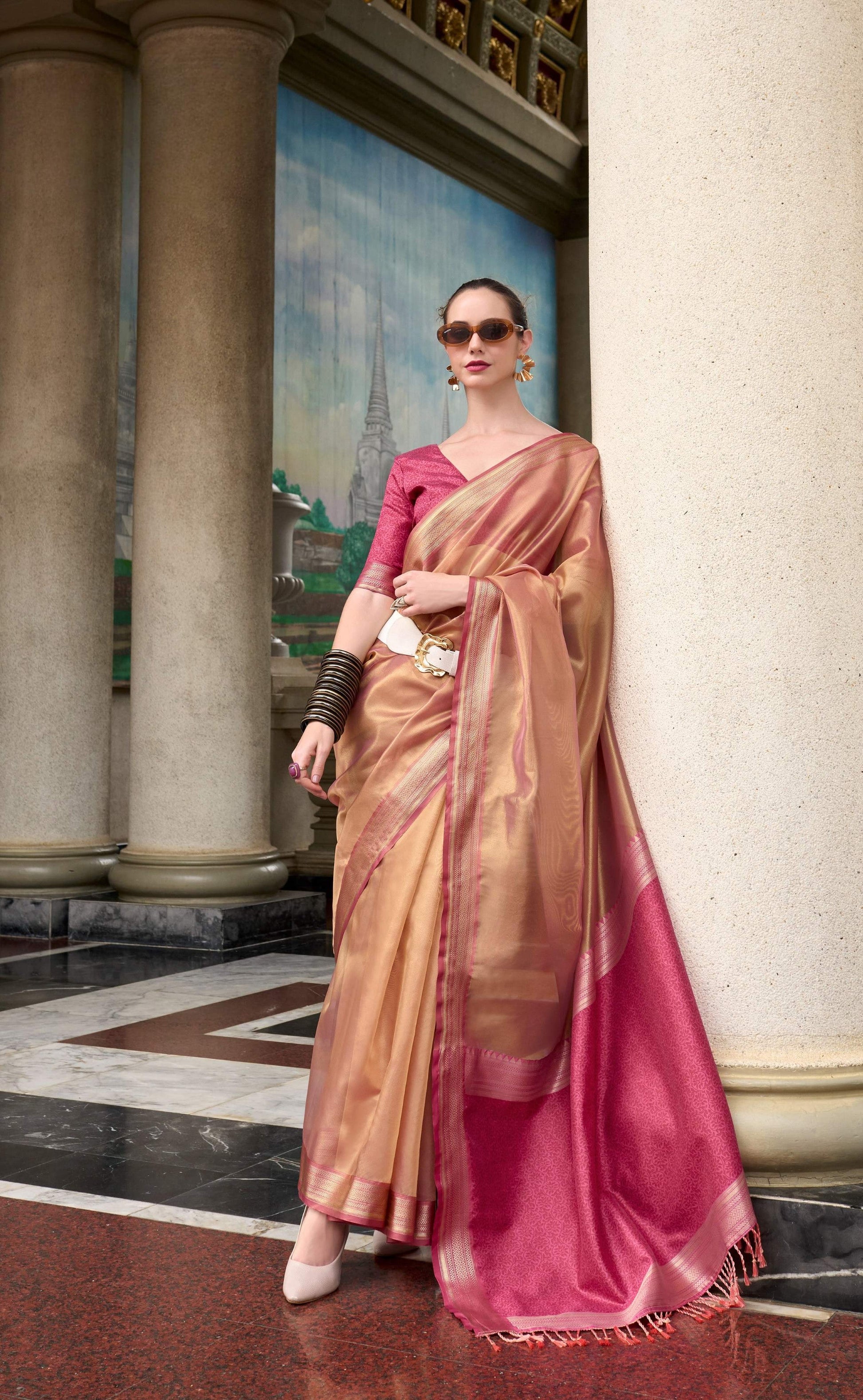 Anaita Pink Designer Weaving Pure Tissue Saree With Blouse