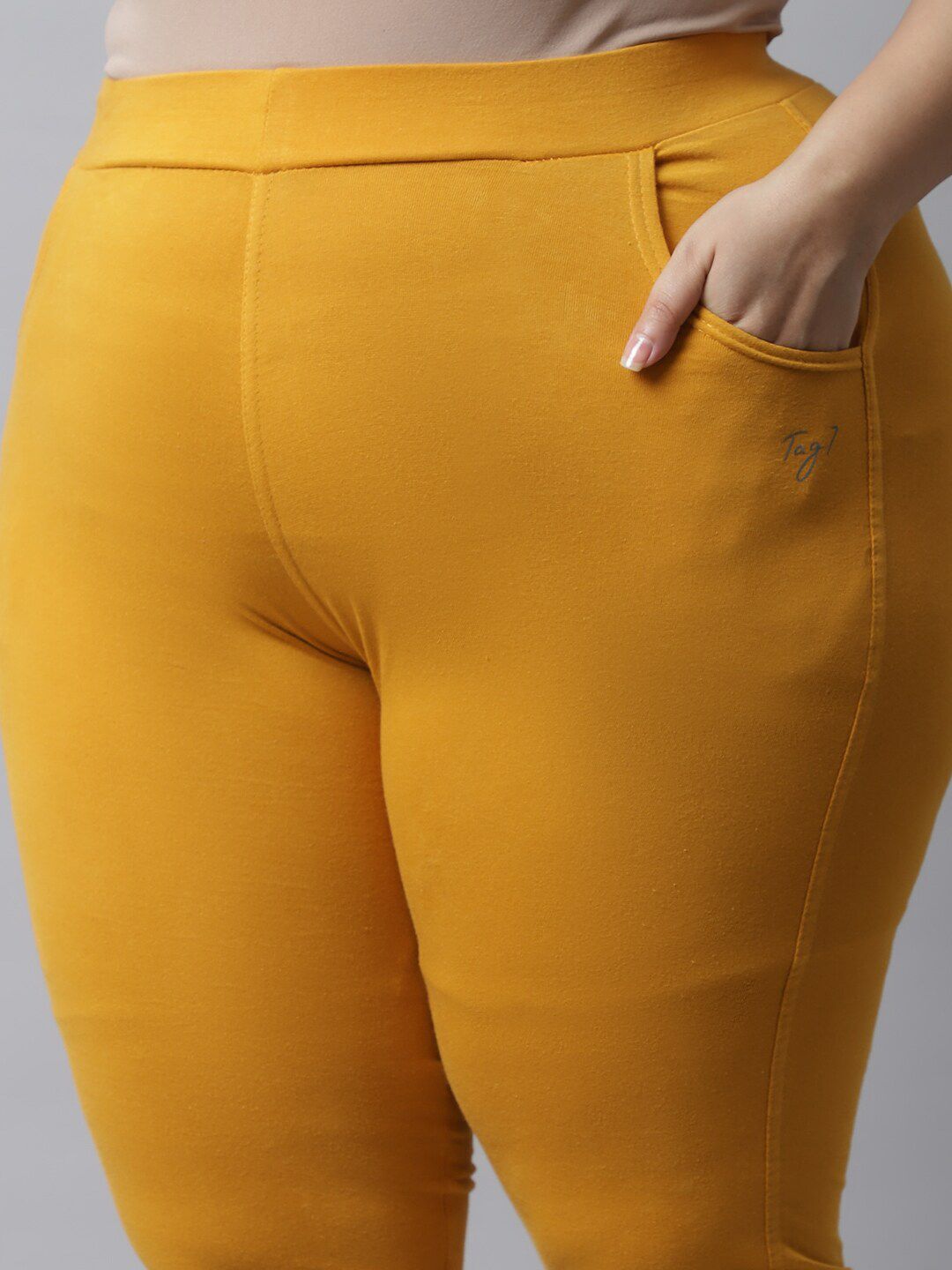 TAG 7 Women Plus Size Mustard Solid Leggings