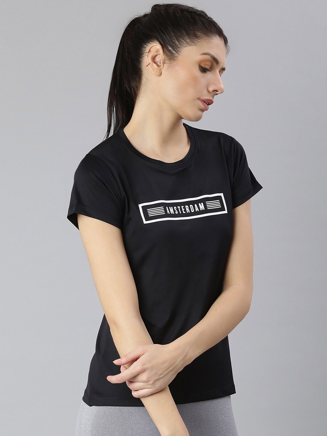 MKH Women Black Typography Printed Round Neck Dri-FIT T-shirt 