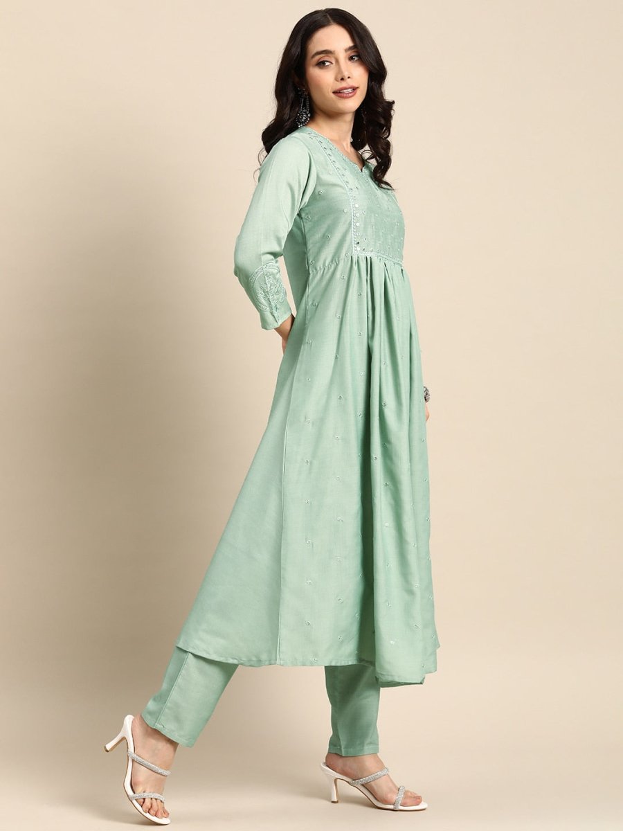 All About You Ethnic Motifs Embroidered Mirror Work Kurta With Trousers