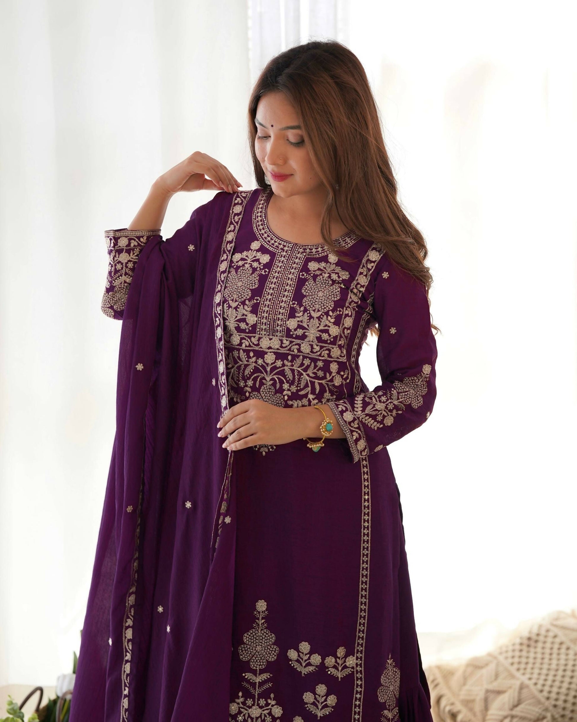 Teeya Creation Purple Color Chinon Silk Embroidery Work Wedding Wear Palazzo Set