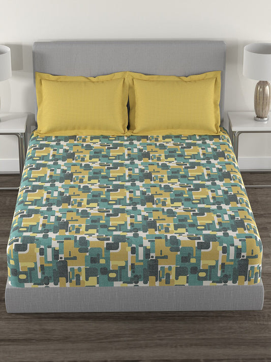 MYTRIDENT Yellow Green Printed Cotton 144 TC Queen Bedsheet With 2 Pillow Covers 
