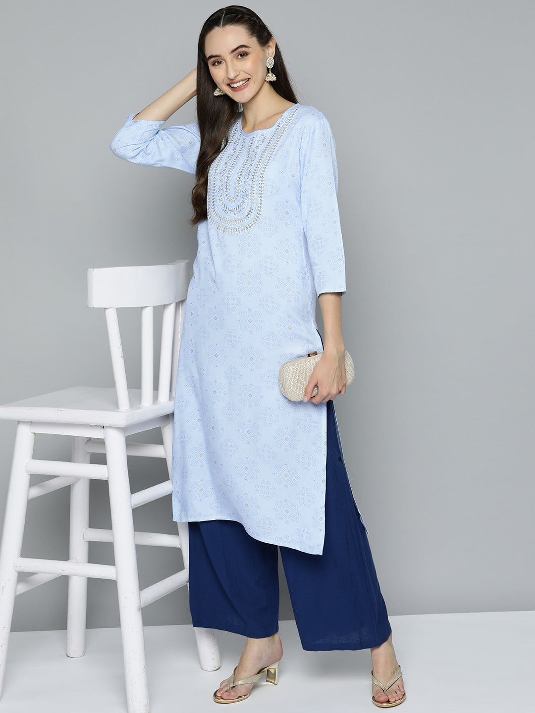 HERE&NOW Women Blue Ethnic Motifs Printed Embroidered Sequin Detail Kurta