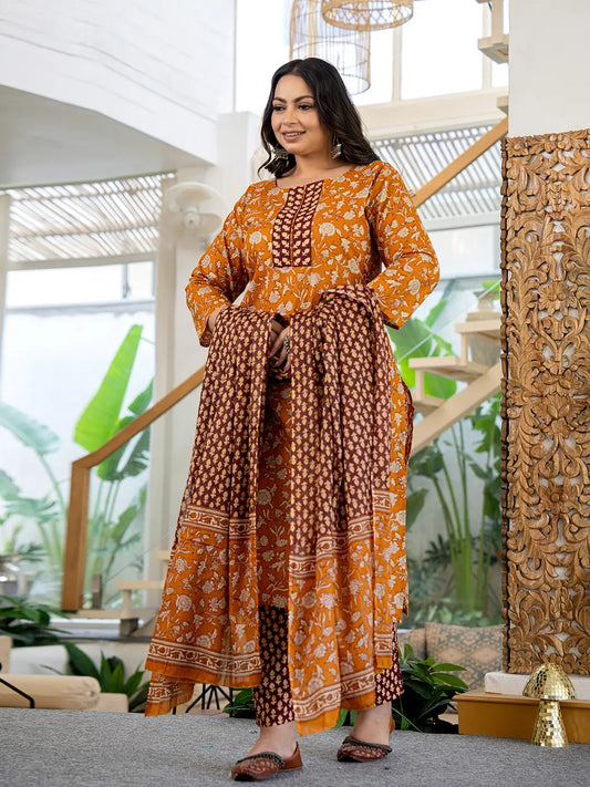 Yufta Piping On Yoke Floral Print Mustard Cotton Plus Size Kurta Set With Dupatta Set