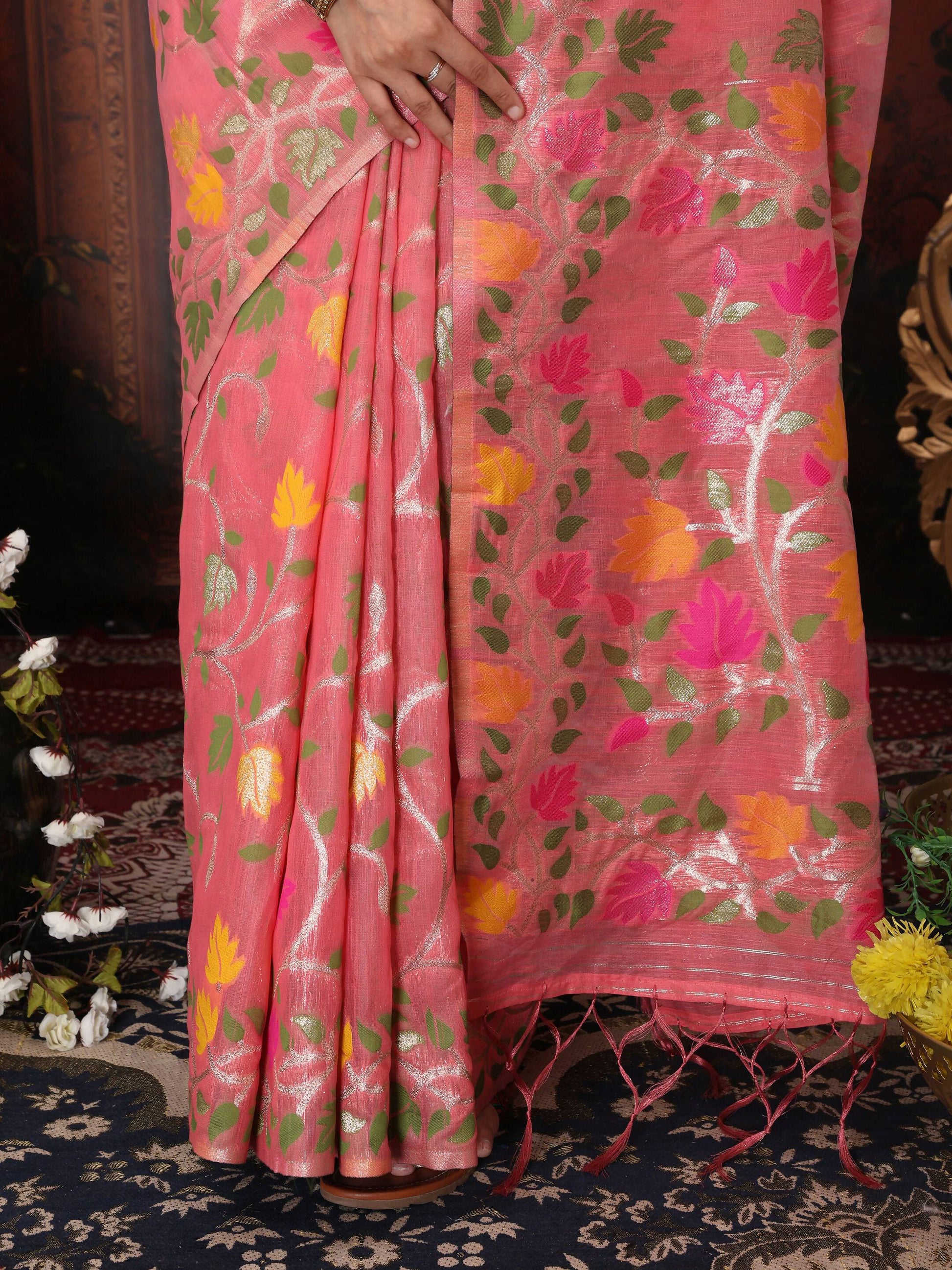 Shree Shyam Fashion Linen Cotton Pink Saree