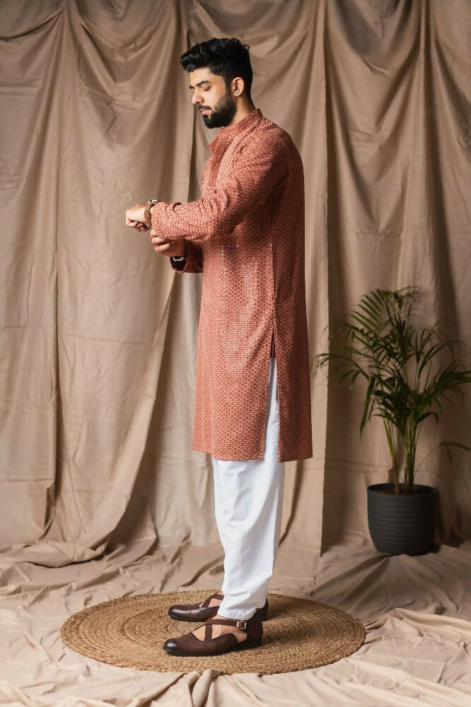 Reddish Orange Rayon Thread Embroidery Work Kurta Set - Mahotsav
