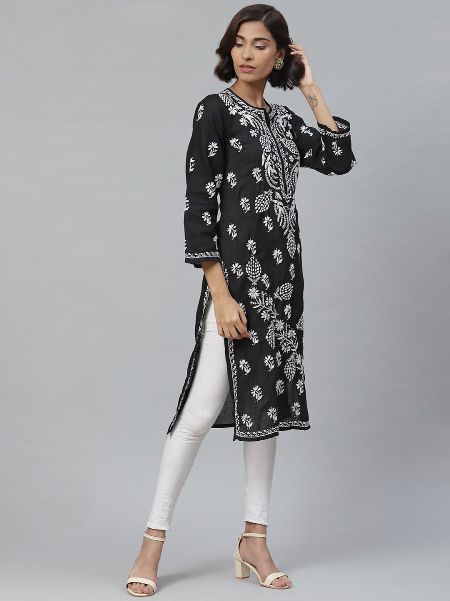ADA Women Black & White Chikankari Embroidered Straight Sustainable Handloom Kurta 