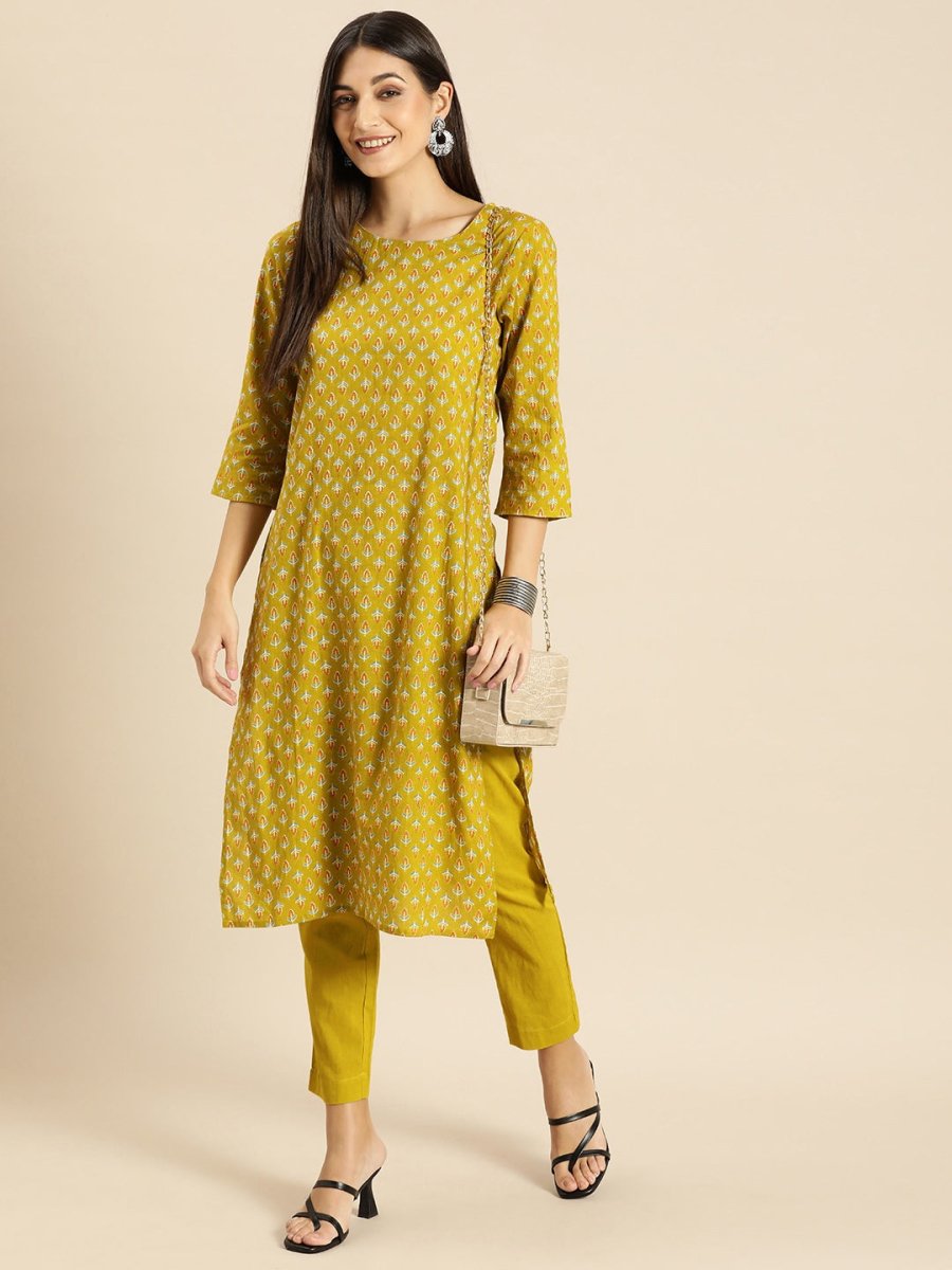 All About You Women Olive Green Ethnic Motifs Print Pure Cotton Kurta with Trousers