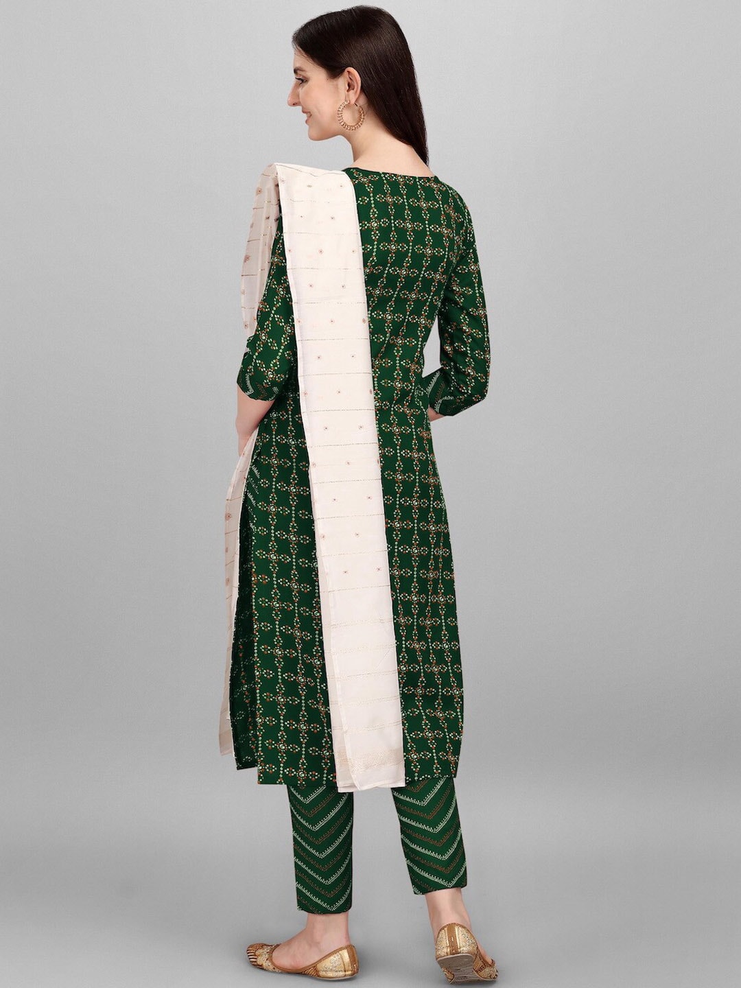 HERE&NOW Green & White Geometric Printed Pure Cotton Kurta With Trousers & Dupatta