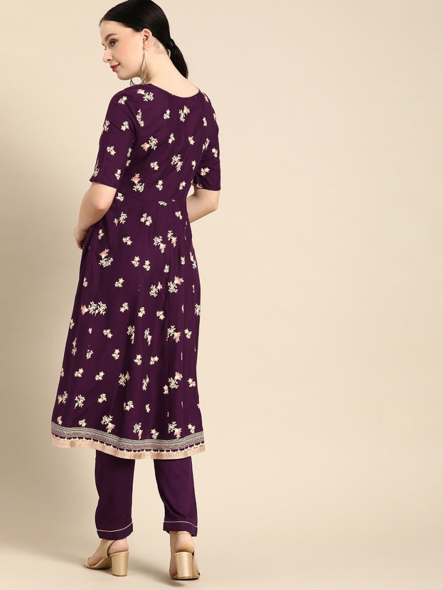 All About You Women Purple Floral Print Regular Kurta with Trousers