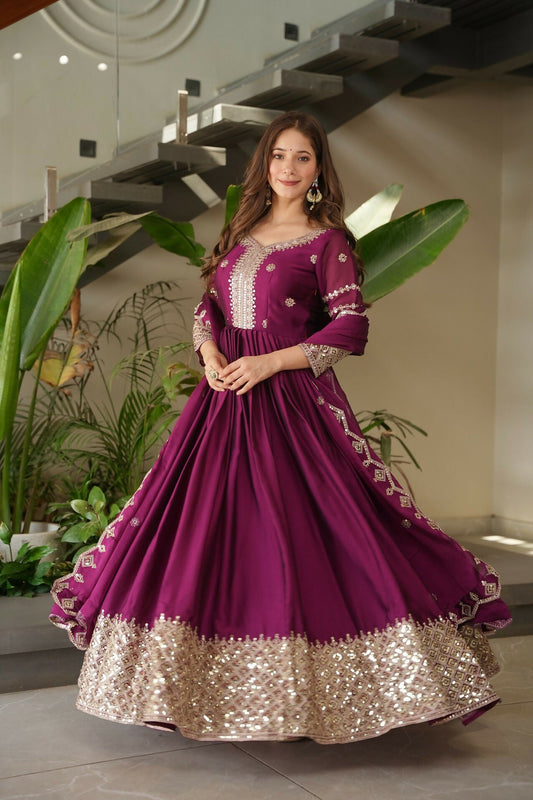 Teeya Creation Rani Color Heavy Crush Silk Wedding Wear Embroidery Work Long Gown