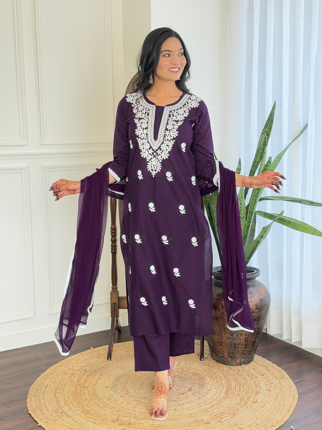 The52 Chikankari Work with Pure Cotton Fabric Straight Kurta, Pant and Dupatta Set 