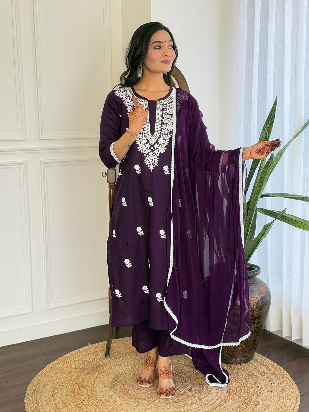 The52 Chikankari Work with Pure Cotton Fabric Straight Kurta, Pant and Dupatta Set 