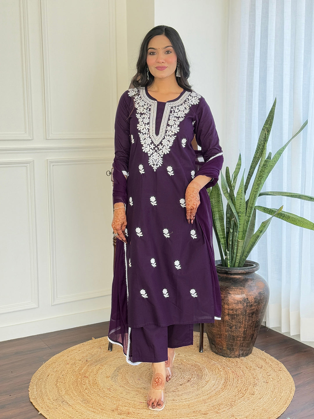 The52 Chikankari Work with Pure Cotton Fabric Straight Kurta, Pant and Dupatta Set 