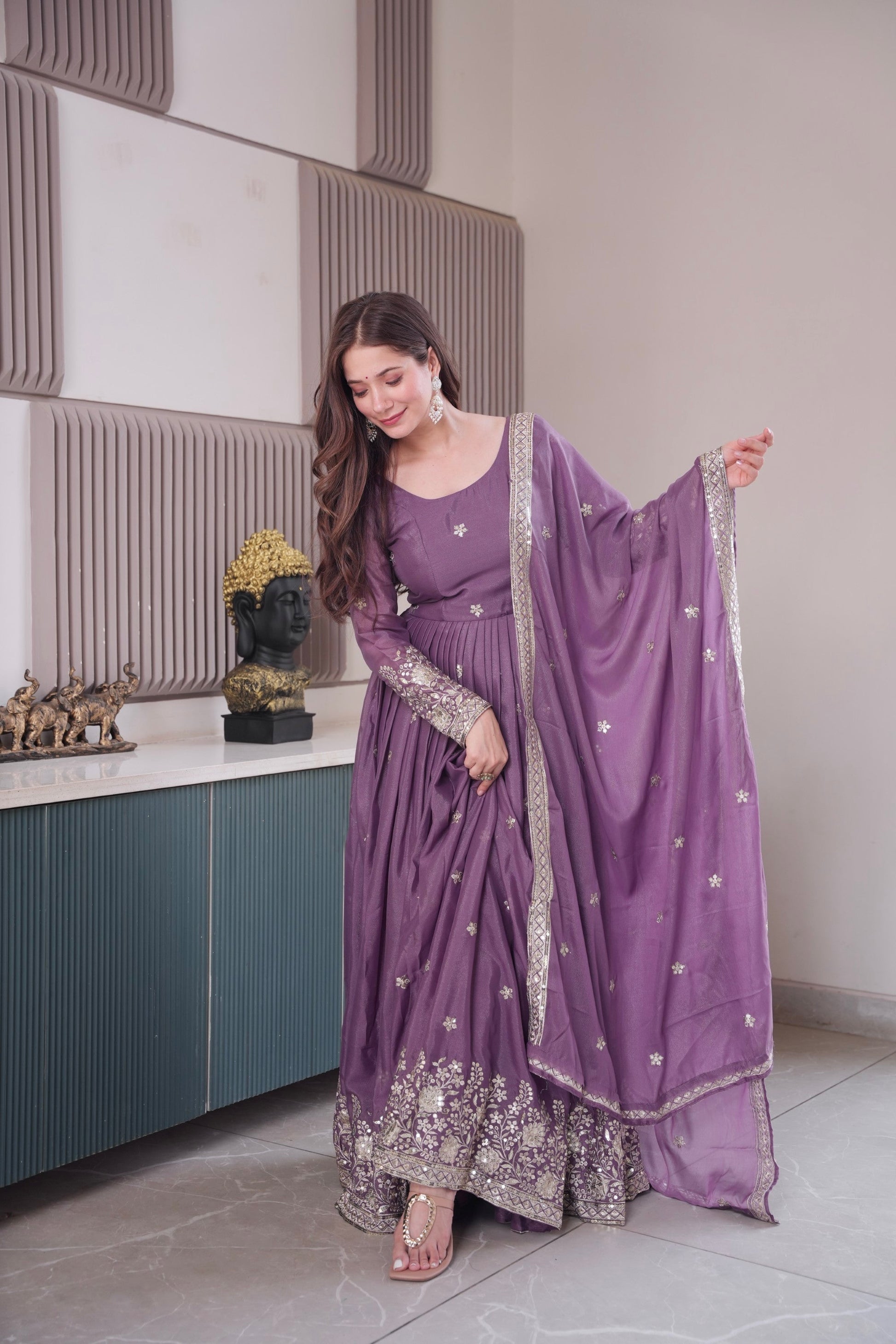 Lorenvalley Fashion Lavender Diamond Silk Embroidery Sequins Work Anarkali Gown with Dupatta