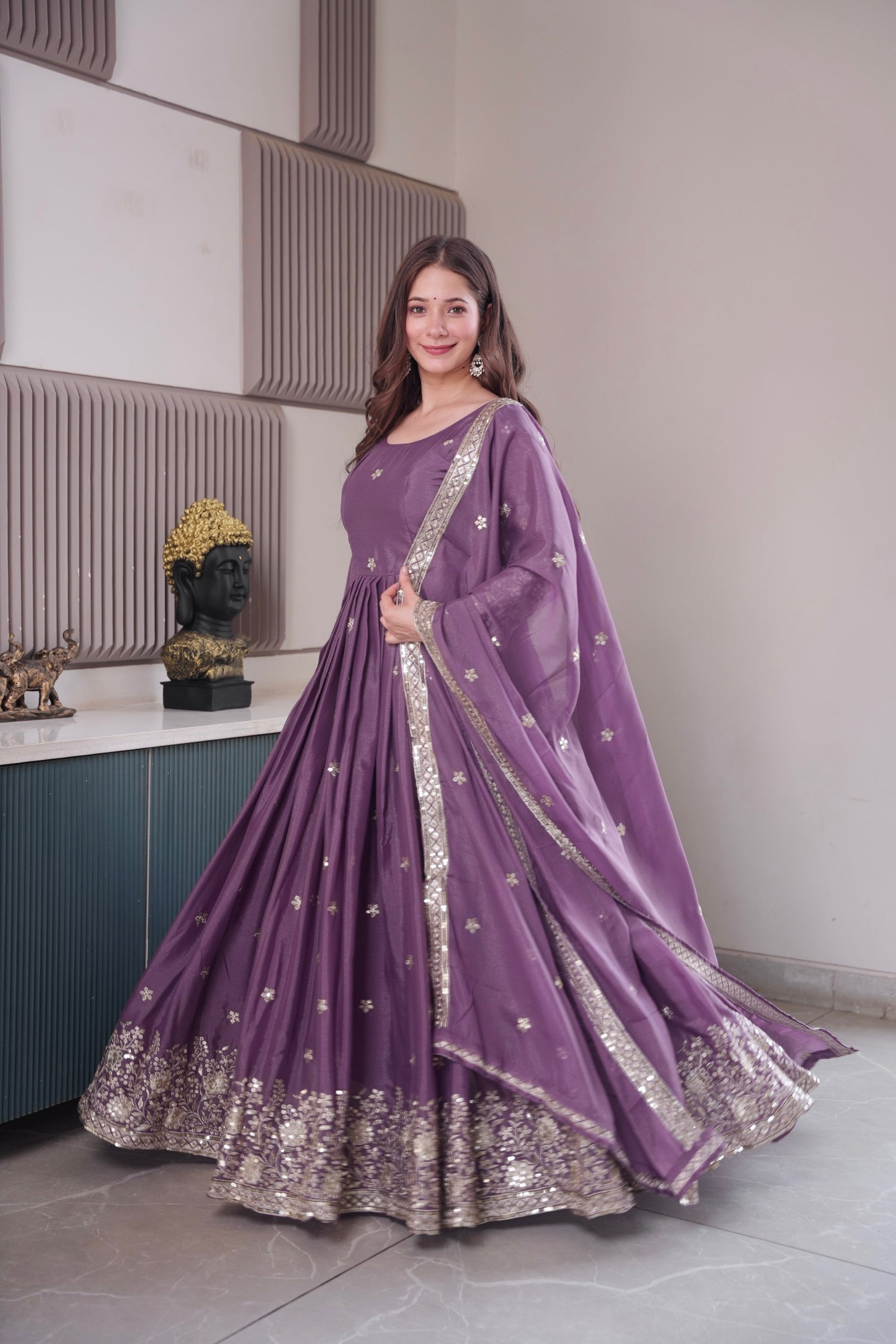 Lorenvalley Fashion Lavender Diamond Silk Embroidery Sequins Work Anarkali Gown with Dupatta