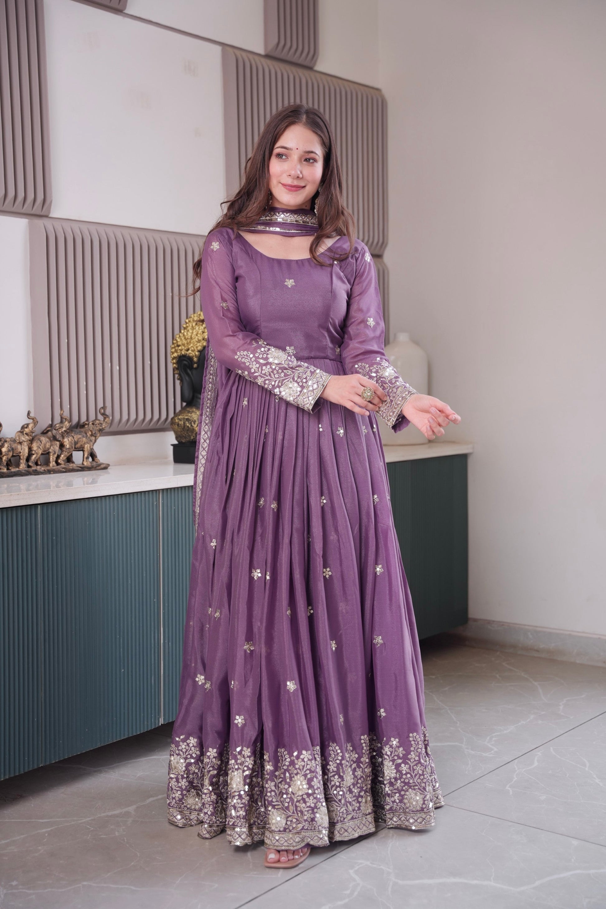 Lorenvalley Fashion Lavender Diamond Silk Embroidery Sequins Work Anarkali Gown with Dupatta