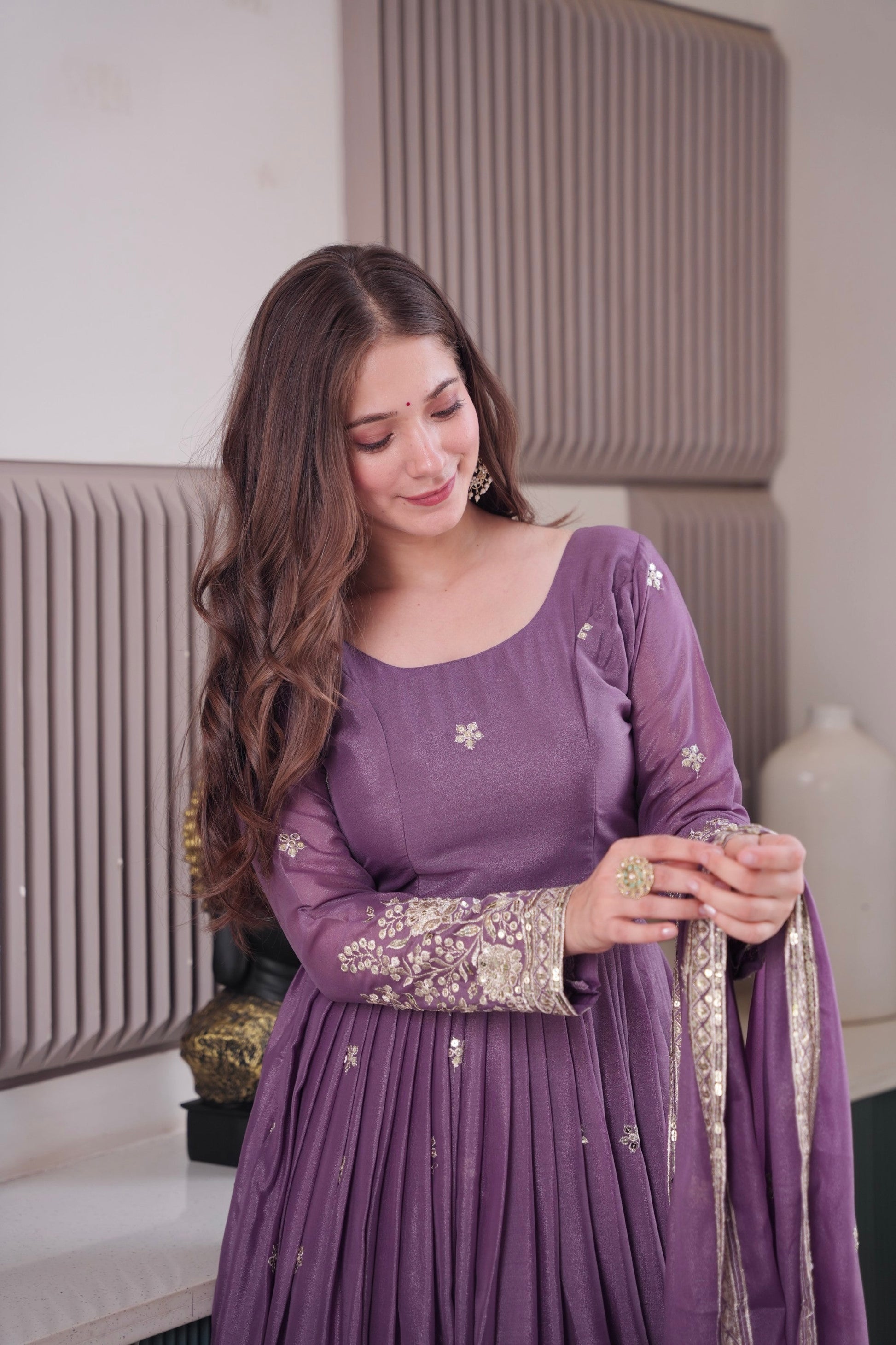 Lorenvalley Fashion Lavender Diamond Silk Embroidery Sequins Work Anarkali Gown with Dupatta