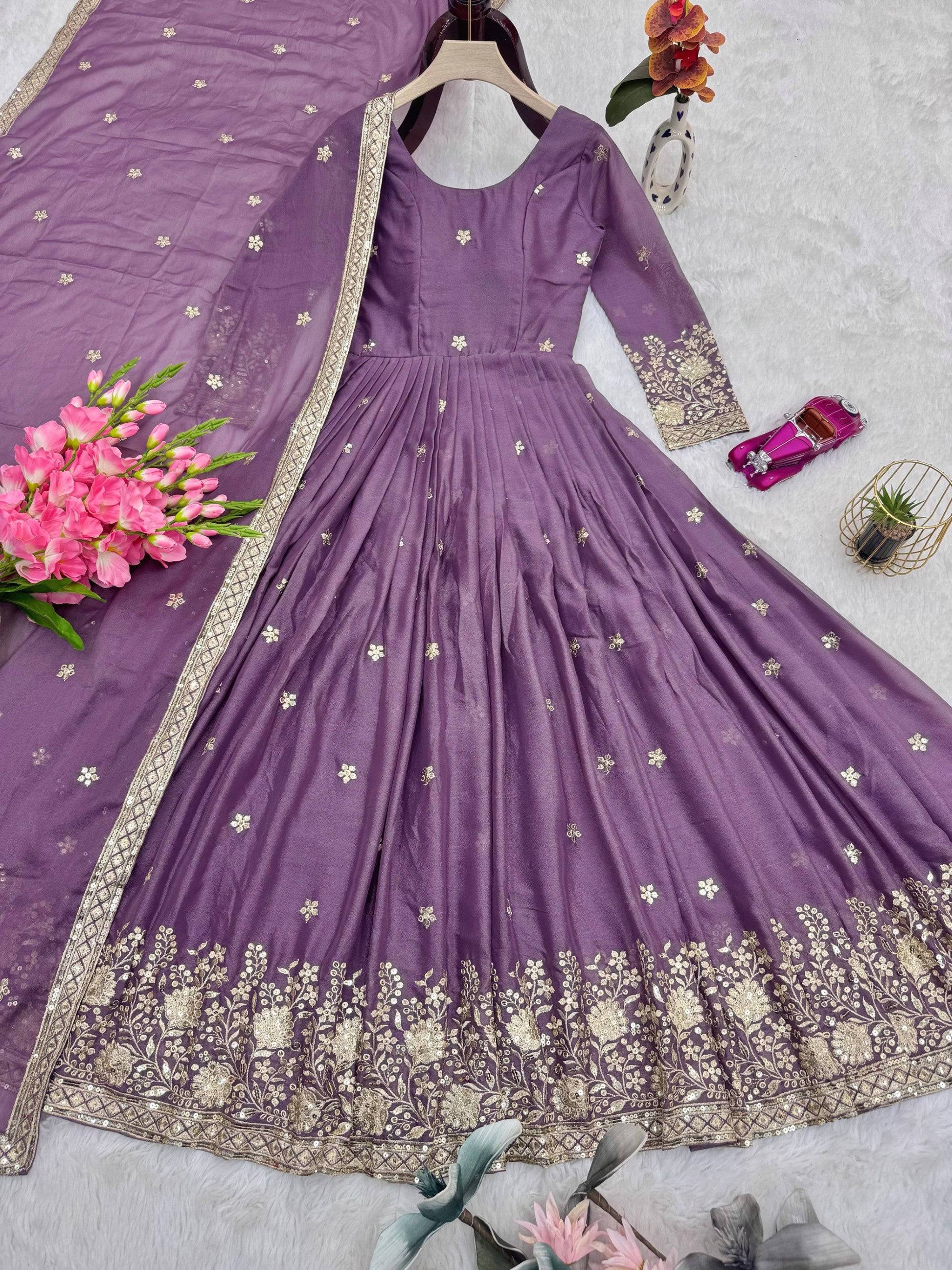 Lorenvalley Fashion Lavender Diamond Silk Embroidery Sequins Work Anarkali Gown with Dupatta
