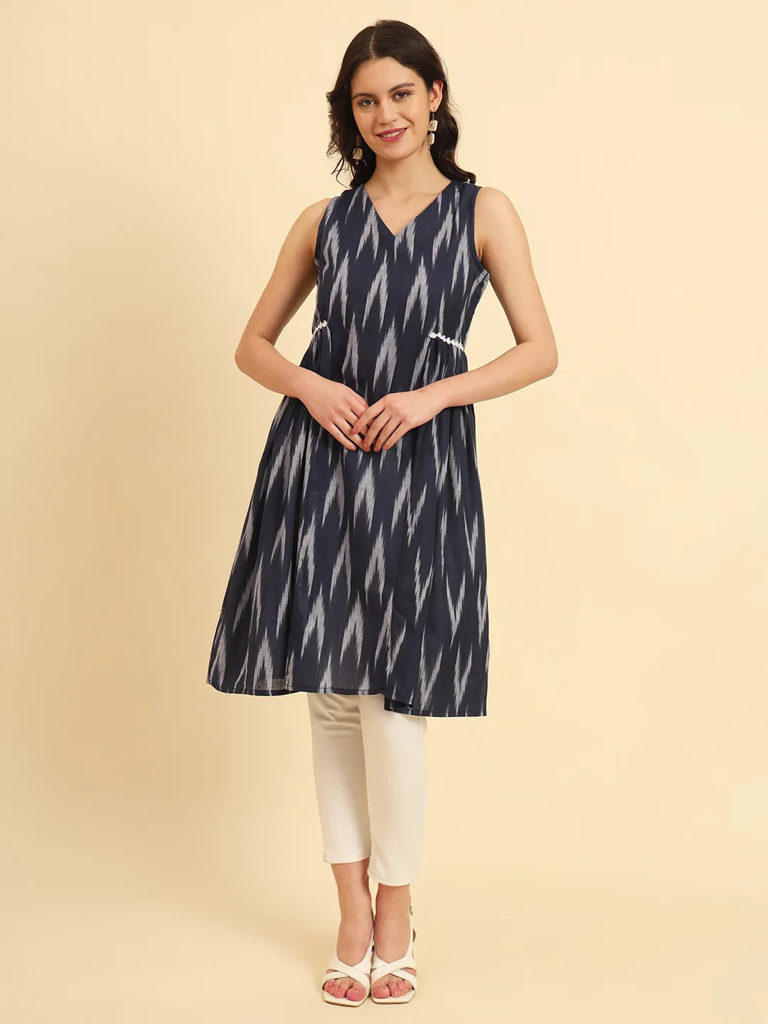 Yufta Ikat Cotton Blue Workwear Kurta With Lace Detailing | Grab2Buy