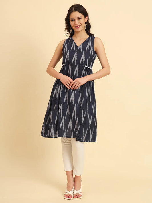 Yufta Ikat Cotton Blue Workwear Kurta With Lace Detailing | Grab2Buy
