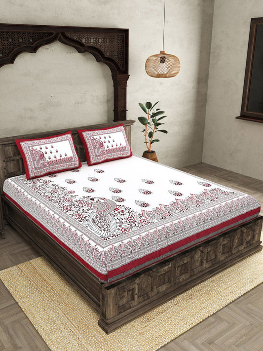 JAIPUR FABRICWhite Red Ethnic Motifs Cotton 250 TC King Bedsheet With 2 Pillow Covers | Swadesiicart
