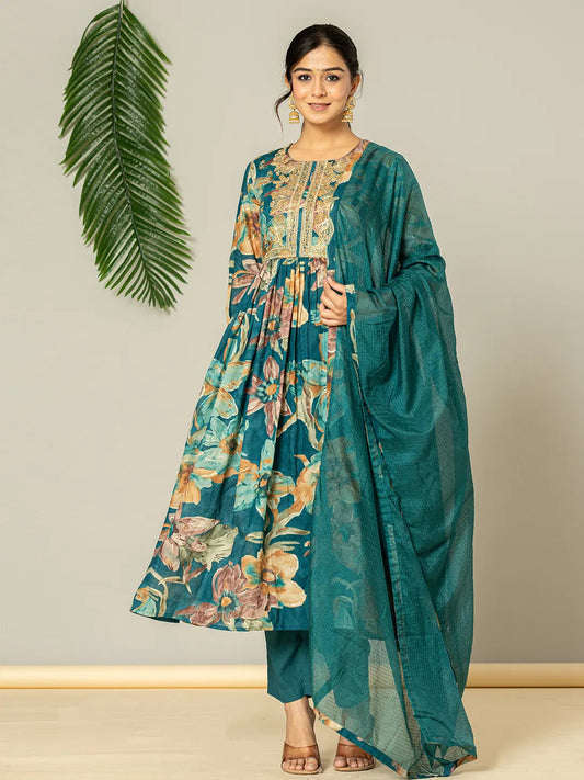 Yufta Teal Blue Floral Print Mulmul Fit And Flare Suit Set  Grab2Buy Yufta Grab2Buy