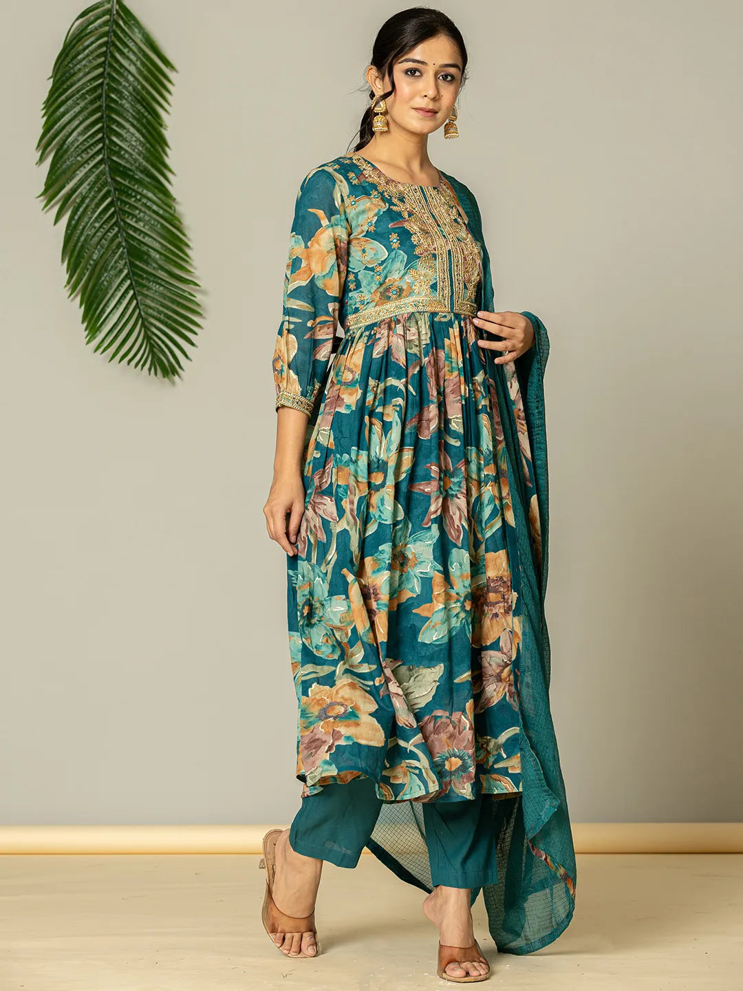 Yufta Teal Blue Floral Print Mulmul Fit And Flare Suit Set  Grab2Buy Yufta Grab2Buy