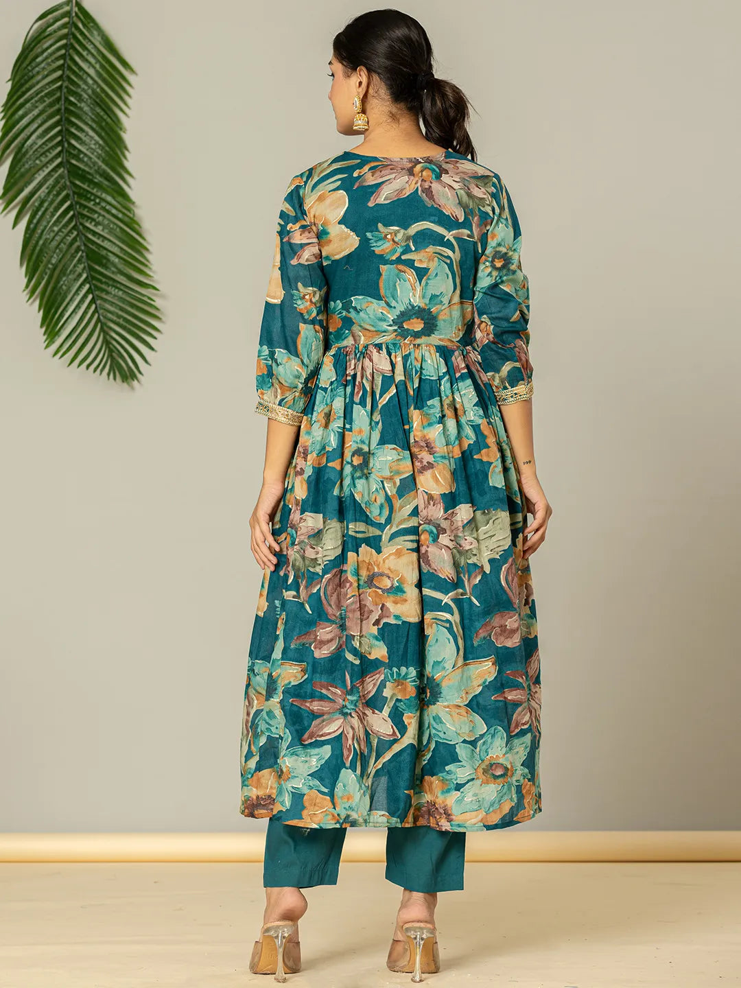 Yufta Teal Blue Floral Print Mulmul Fit And Flare Suit Set  Grab2Buy Yufta Grab2Buy