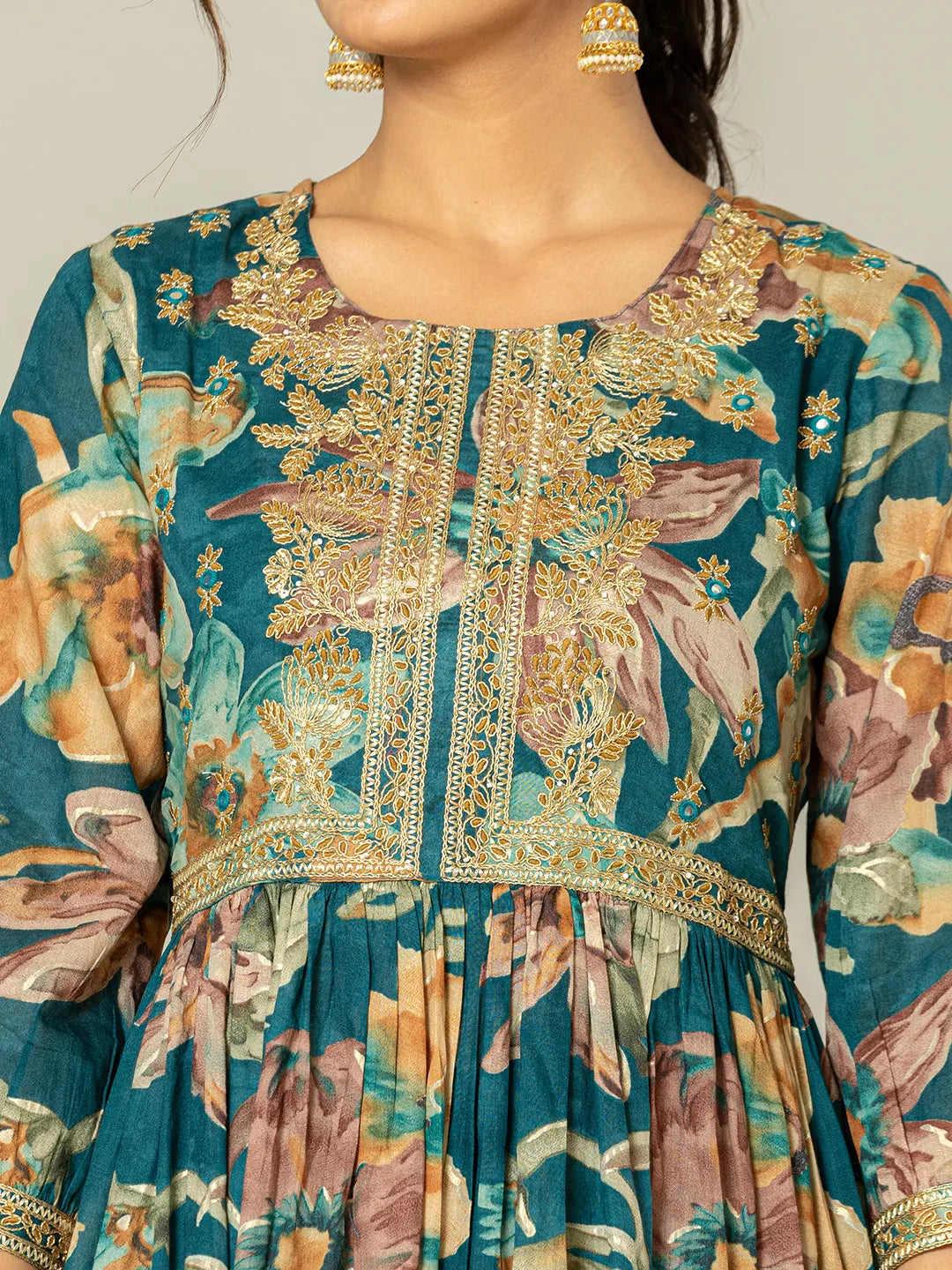 Yufta Teal Blue Floral Print Mulmul Fit And Flare Suit Set  Grab2Buy Yufta Grab2Buy