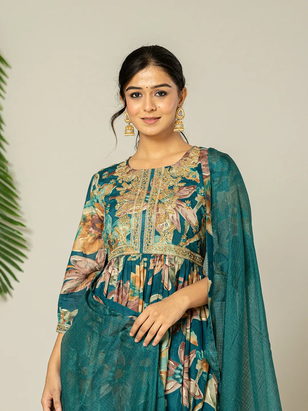 Yufta Teal Blue Floral Print Mulmul Fit And Flare Suit Set  Grab2Buy Yufta Grab2Buy