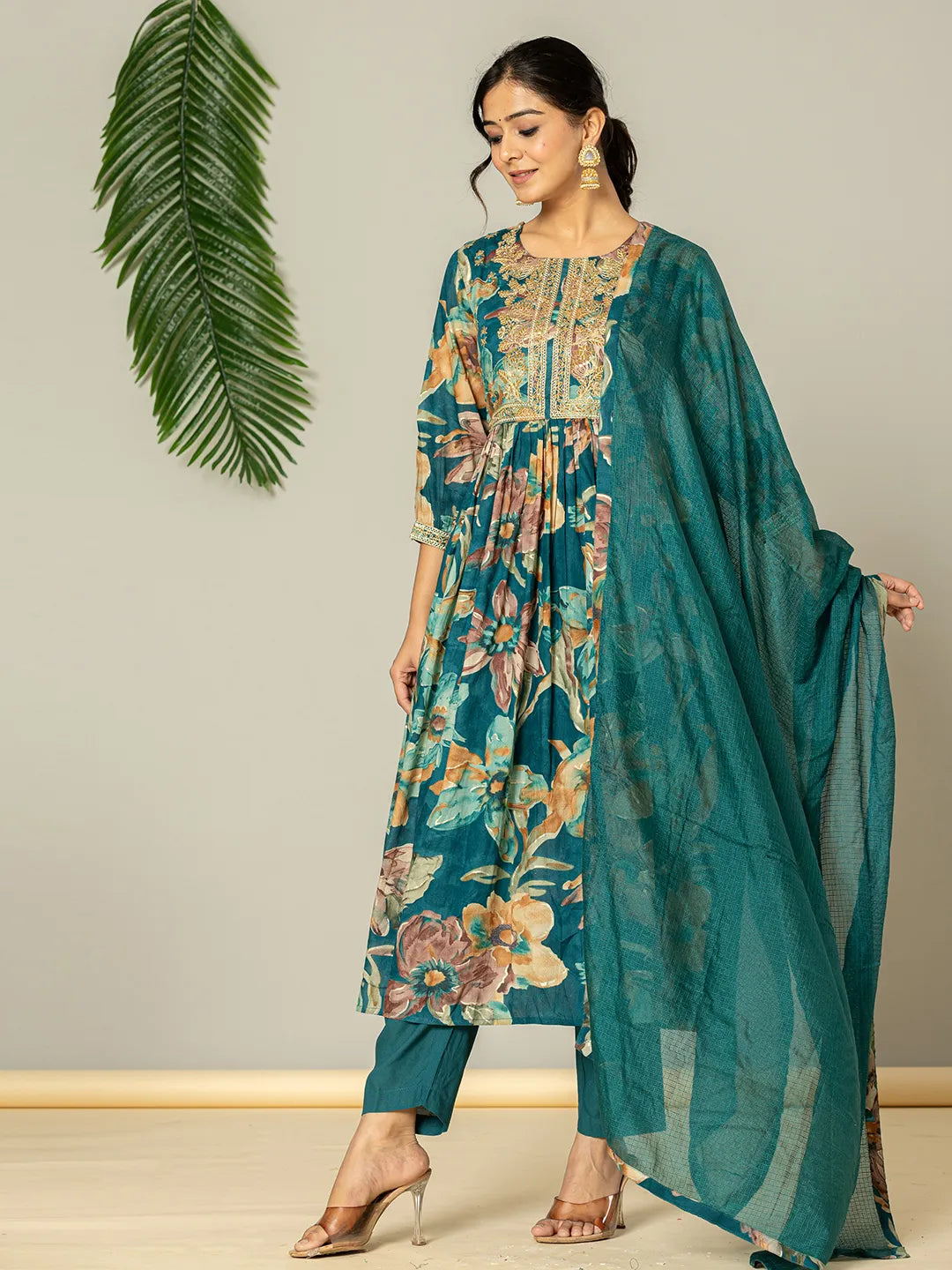 Yufta Teal Blue Floral Print Mulmul Fit And Flare Suit Set  Grab2Buy Yufta Grab2Buy