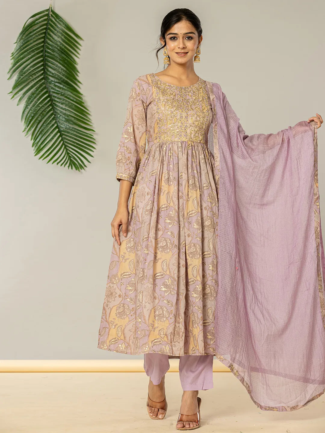 Yufta Purple Floral Print Mulmul Fit And Flare Suit Set  Grab2Buy Yufta Grab2Buy