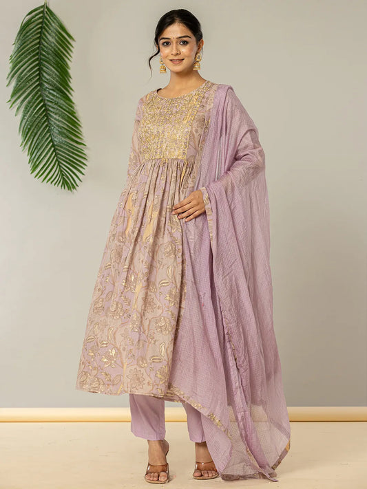 Yufta Purple Floral Print Mulmul Fit And Flare Suit Set  Grab2Buy Yufta Grab2Buy