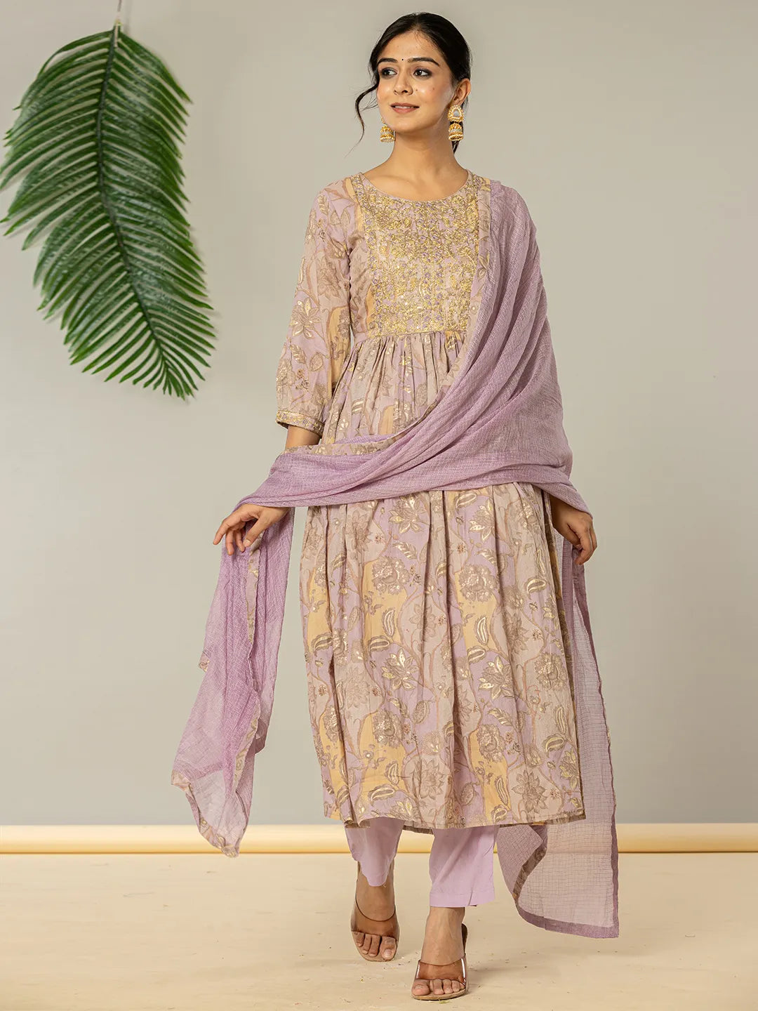 Yufta Purple Floral Print Mulmul Fit And Flare Suit Set  Grab2Buy Yufta Grab2Buy
