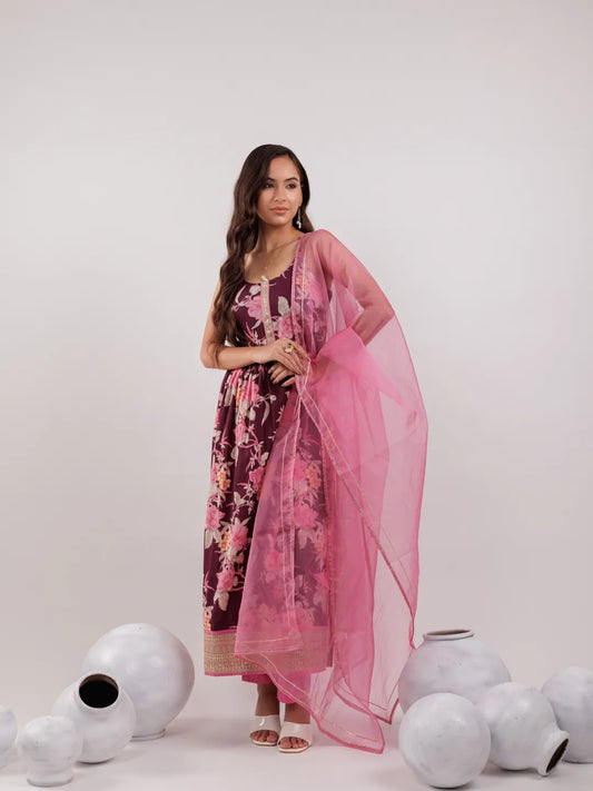 Yufta Burgundy Floral Print Cotton Fit And Flare Kurta Trouser & Dupatta Set