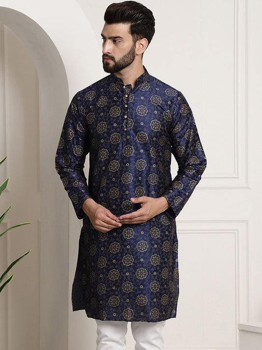 Sojanya Men Navy Blue & Golden Ethnic Motifs Printed Indigo Kurta 