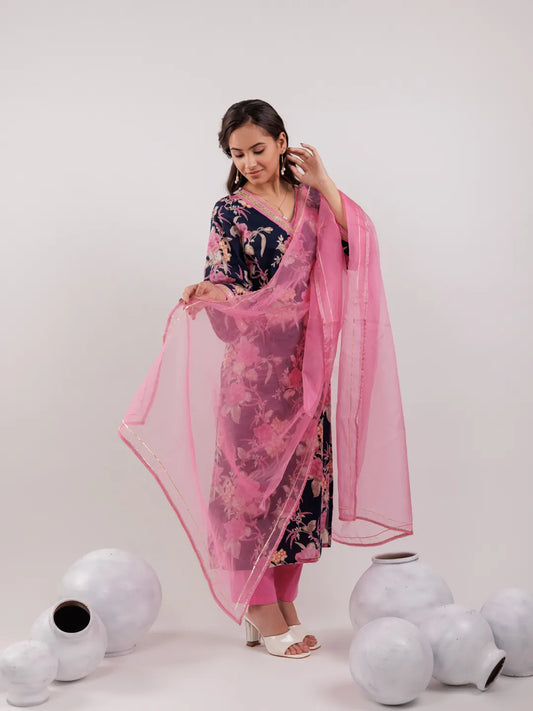 Yufta Navy Blue Floral Print Cotton Straight Kurta Trouser With Dupatta Set