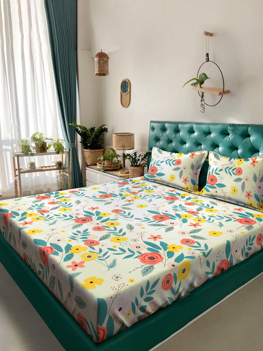 KLOTTHE White & Blue Floral Printed 300 TC King Bedsheet With 2 Pillow covers 