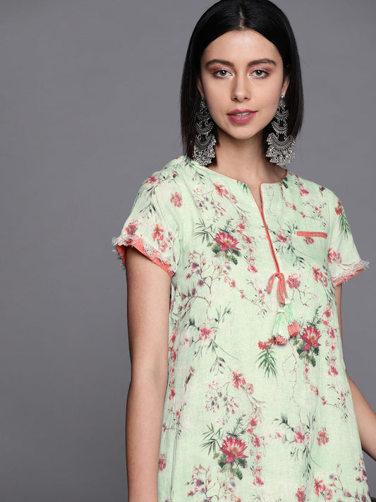 Biba Women Green & Pink Floral Printed Kurta - Grab2buy